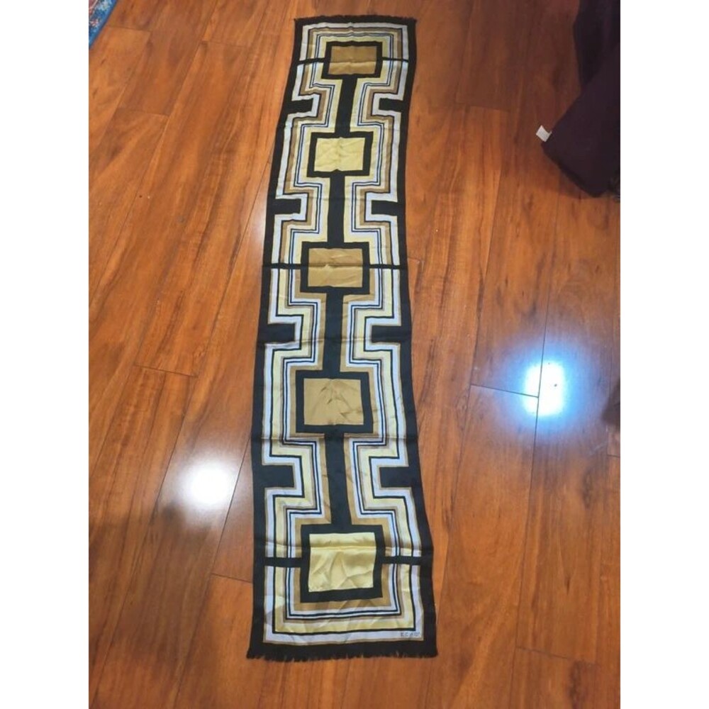 Vintage Echo Oblong Scarf Geometric Greek Key Op Art Black Gold Retro Fringe
